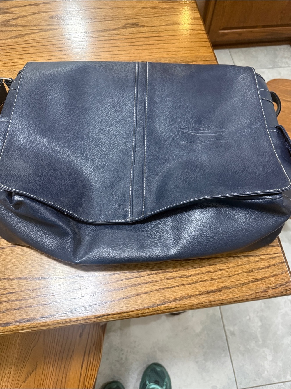 Navy Leather Messenger Bag - Unbranded